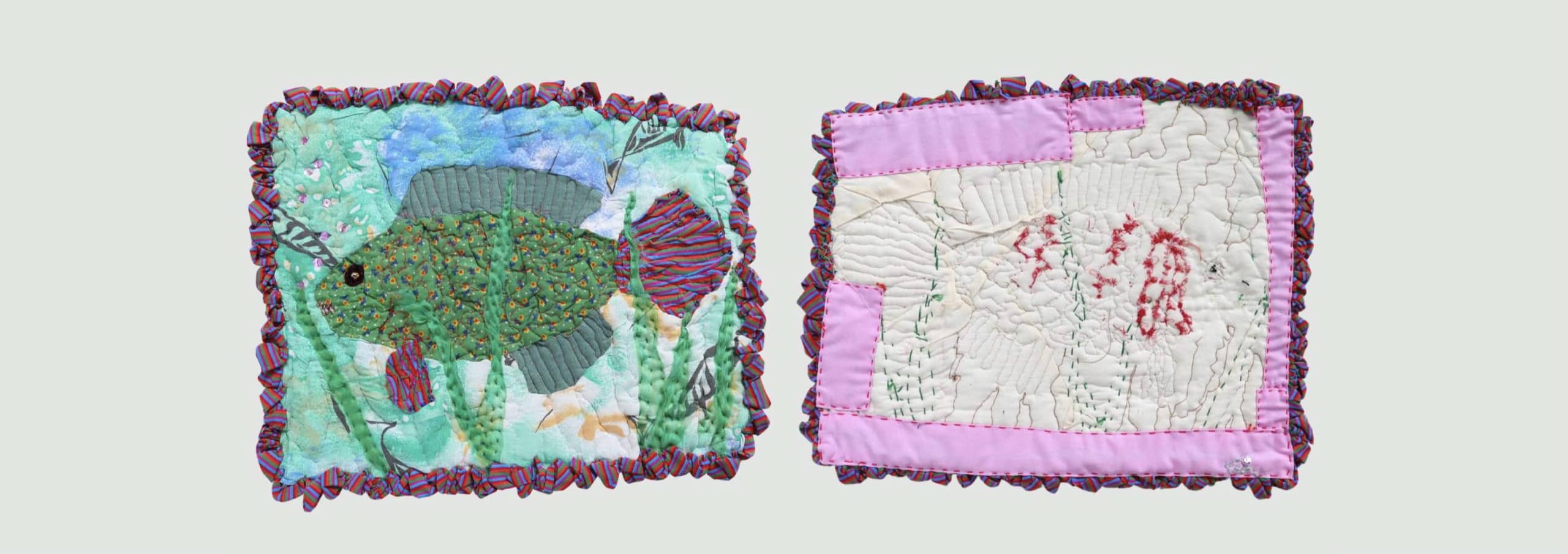 two quilts side by side on white background showing colorful images using textile